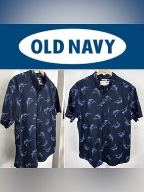Old Navy Size Men's Marlin Design Navy Blue Slim Fit Stretch Shirt Size L
